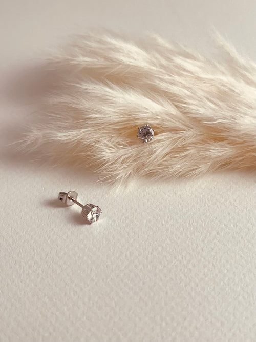 Daily Glow Studs – delicate 0.5mm stainless steel cubic zirconia earrings, one showing the back post, styled on soft pampas feathers to highlight subtle elegance and everyday grace.