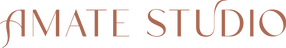 Amate Studio jewelry logo in clayrose lettering
