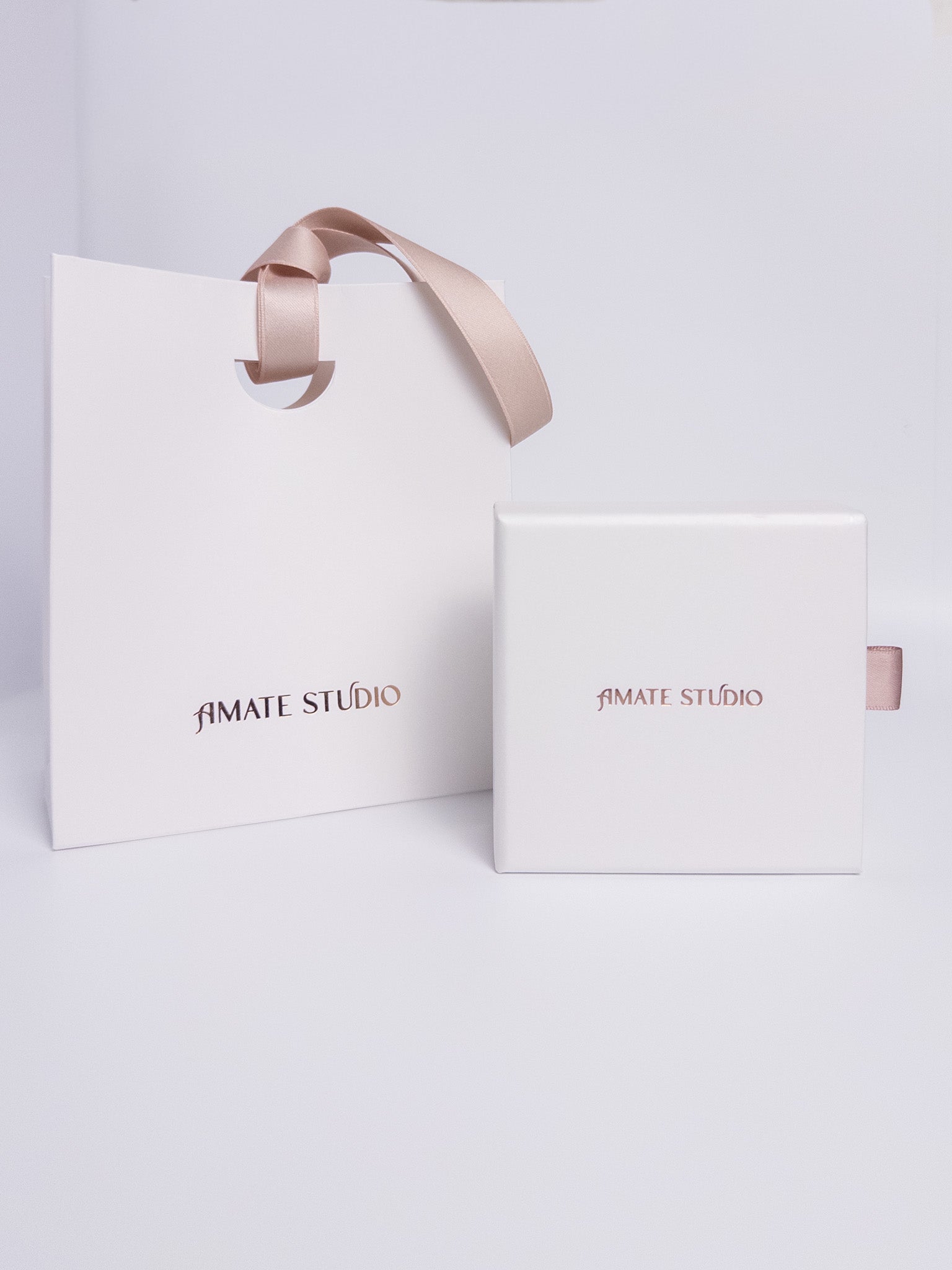 Amate Studio jewelry gift set packaging with drawer box and branded gift bag