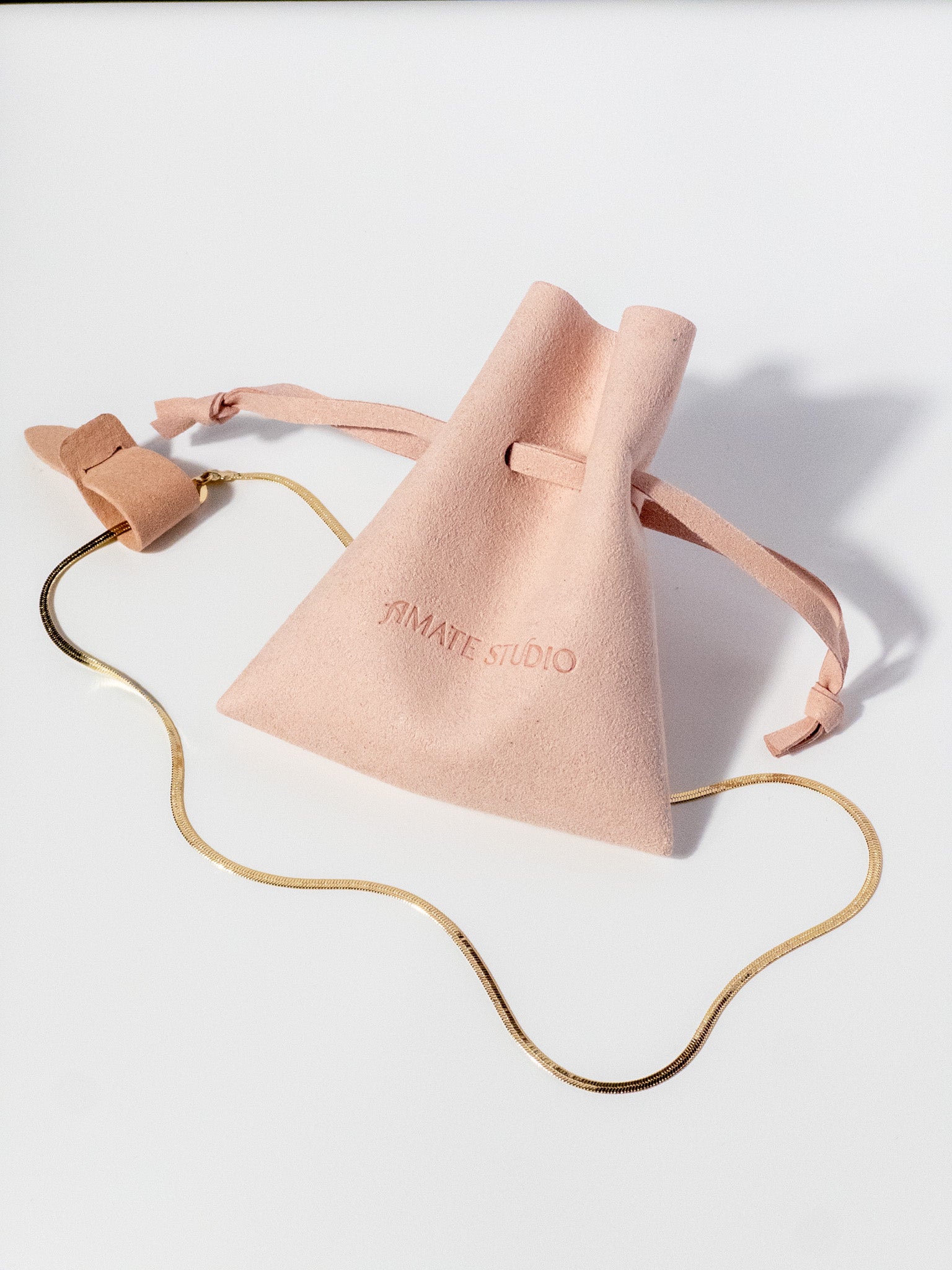 Lumen Chain snake necklace displayed with jewelry tag and pouch for gifting and storage.