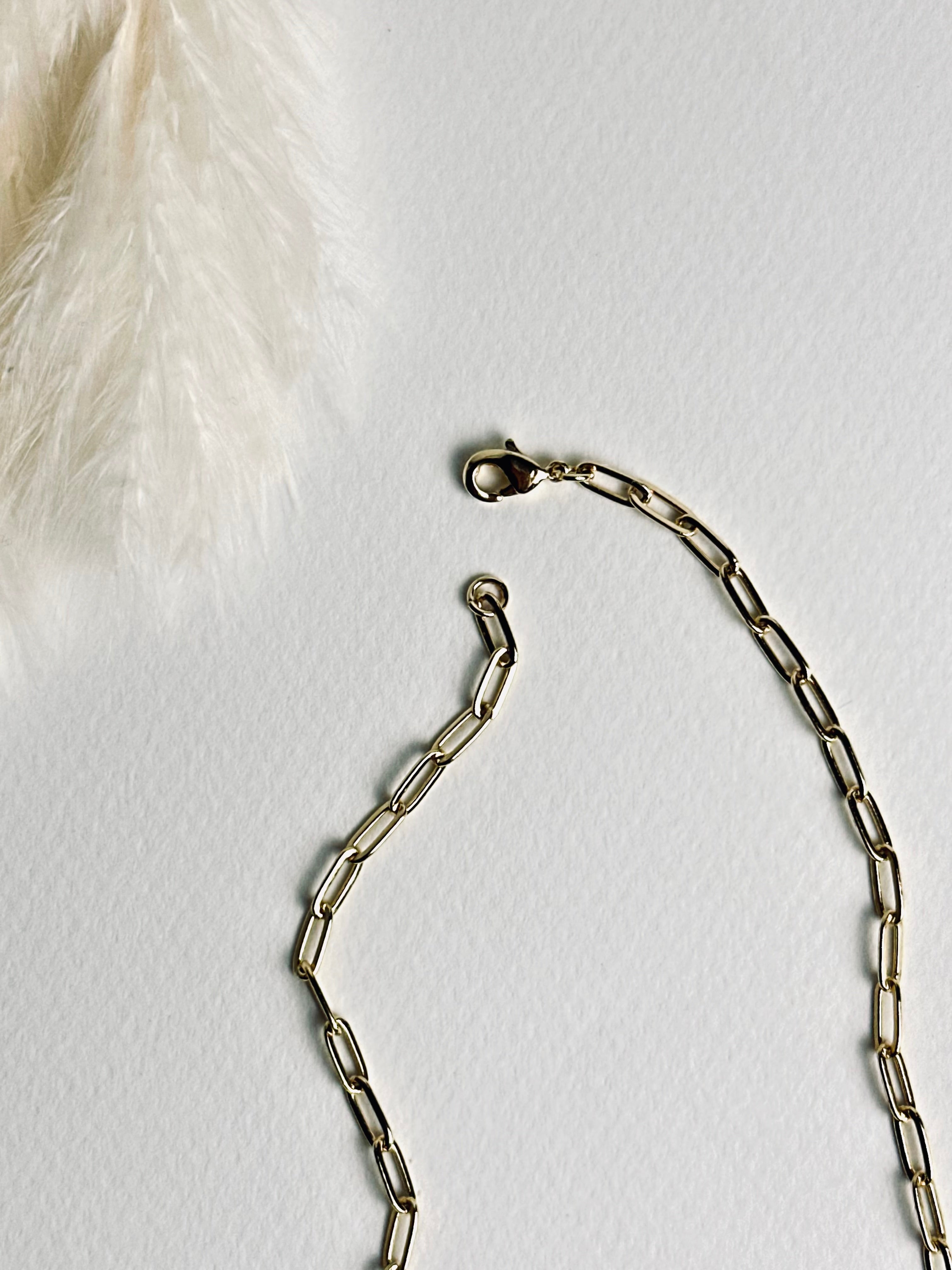 Gloria – Gold Paperclip Necklace from the Timeless Grace collection, an 18k gold-filled 16-inch chain displayed on a white background with white feather grass. The focus is on the lobster clasp, highlighting its fine craftsmanship and secure, elegant design — a symbol of connection, strength, and the beauty found in simple details.